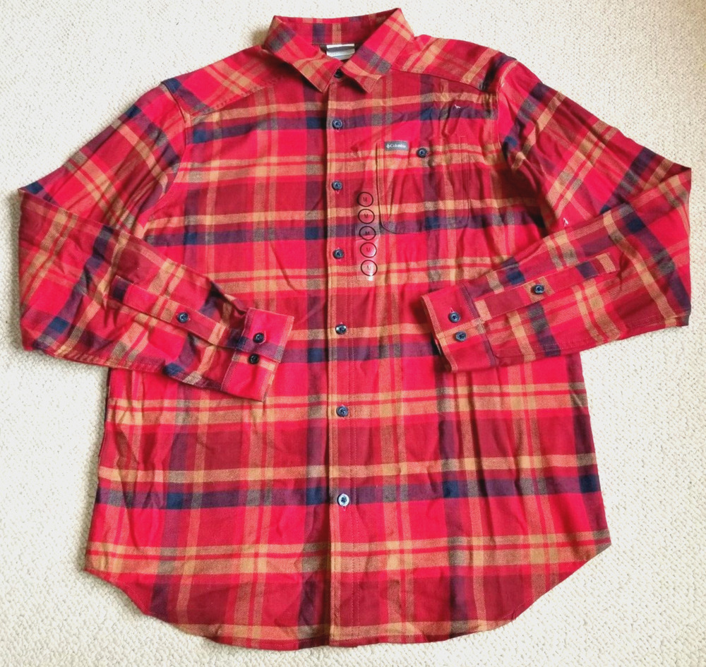 NWOT Mens Shirt-COLUMBIA-red/brown/grey plaid cotton stretch flannel-M